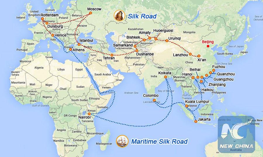 Le projet "One Belt, One Road (BRI)" des Nouvelles routes de la Soie, aura un itinéraire maritime et un itinéraire terrestre pour relier l'Asie à l'Afrique et à l'Europe. [Xinhua]
