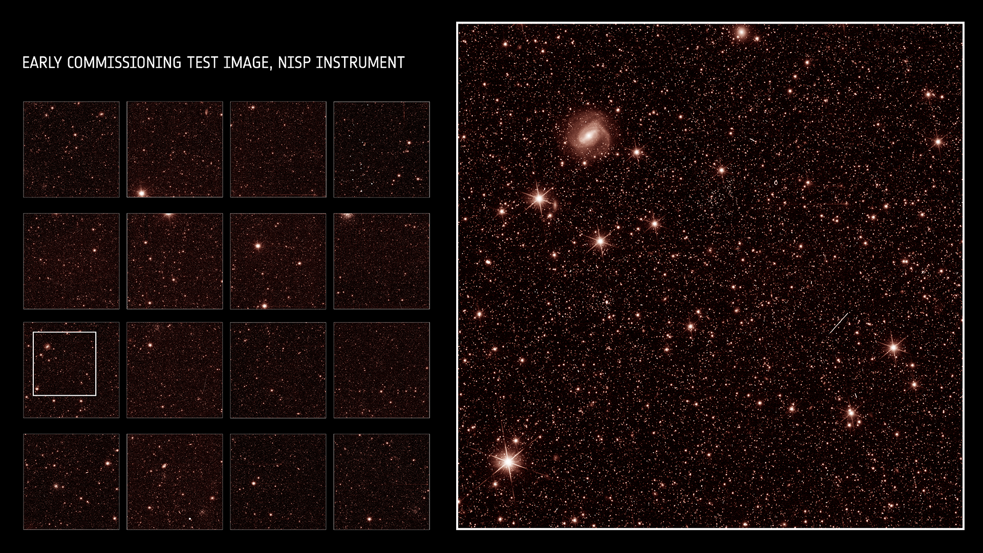Une vue de l'instrument NISP d'Euclid en infrarouge moyen. Image de test de mise en service anticipée dévoilée le 31 juillet 2023. [ESA]