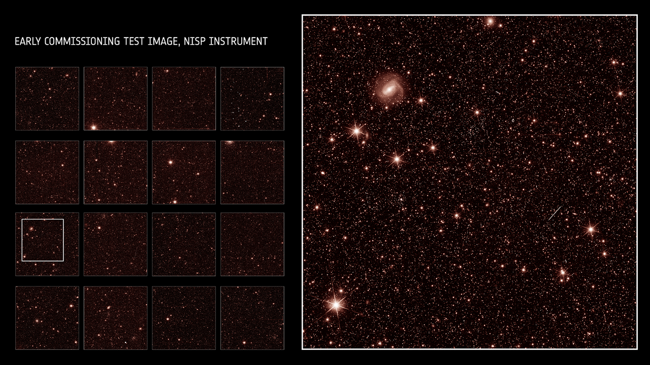 Une vue de l'instrument NISP d'Euclid en infrarouge moyen. Image de test de mise en service anticipée dévoilée le 31 juillet 2023. [ESA]