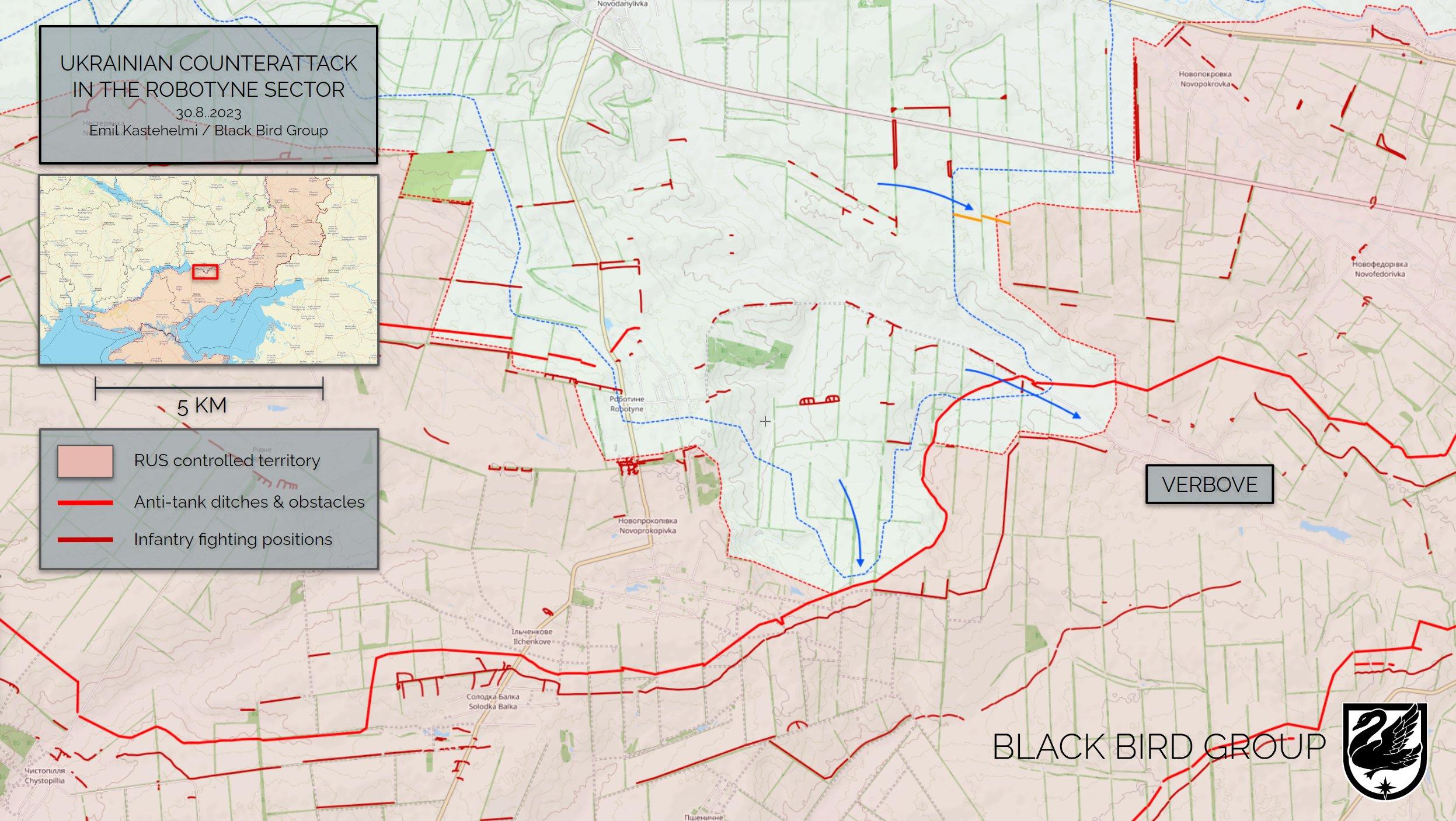 Sur cette carte du Black Bird Group, un réseau de chercheurs OSINT, spécialisé dans le renseignement en "open source", en rose clair, le territoire contrôlé par les russes, en rouge, les lignes de défenses russes et en rouge foncé, les positions de combat d'infanterie. [Black Bird Group - Twitter]