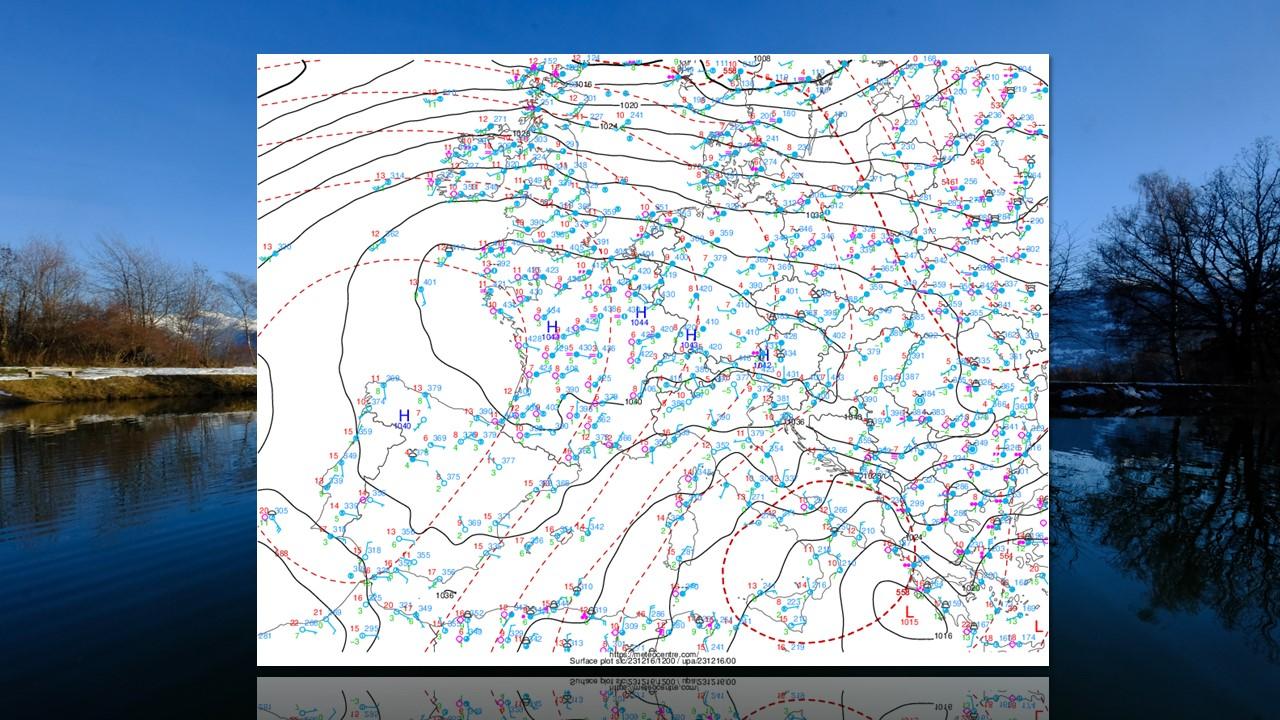 Répartition des pressions au sol le 17 décembre 2023 à 12h UTC [Meteocentre - Philippe Arcudi]