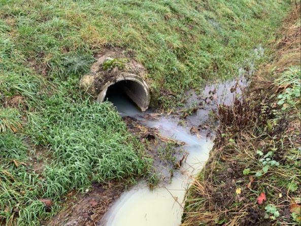 Un ruisseau pollué à Grolley (FR) en janvier. [Police fribourgeoise]