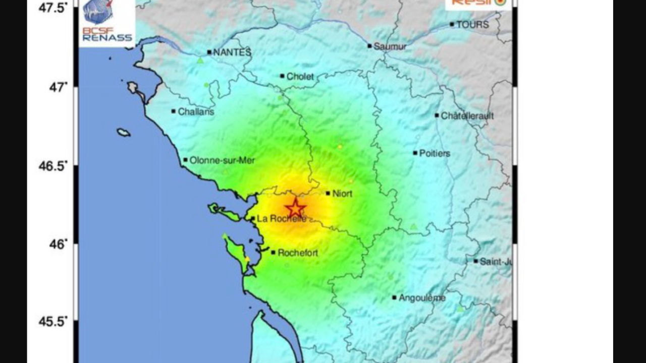 L’épicentre de ce séisme survenu en France ce vendredi 16 juin se trouve entre La Rochelle et Niort. [Capture d'écran Twitter du bureau centre sismologique français]