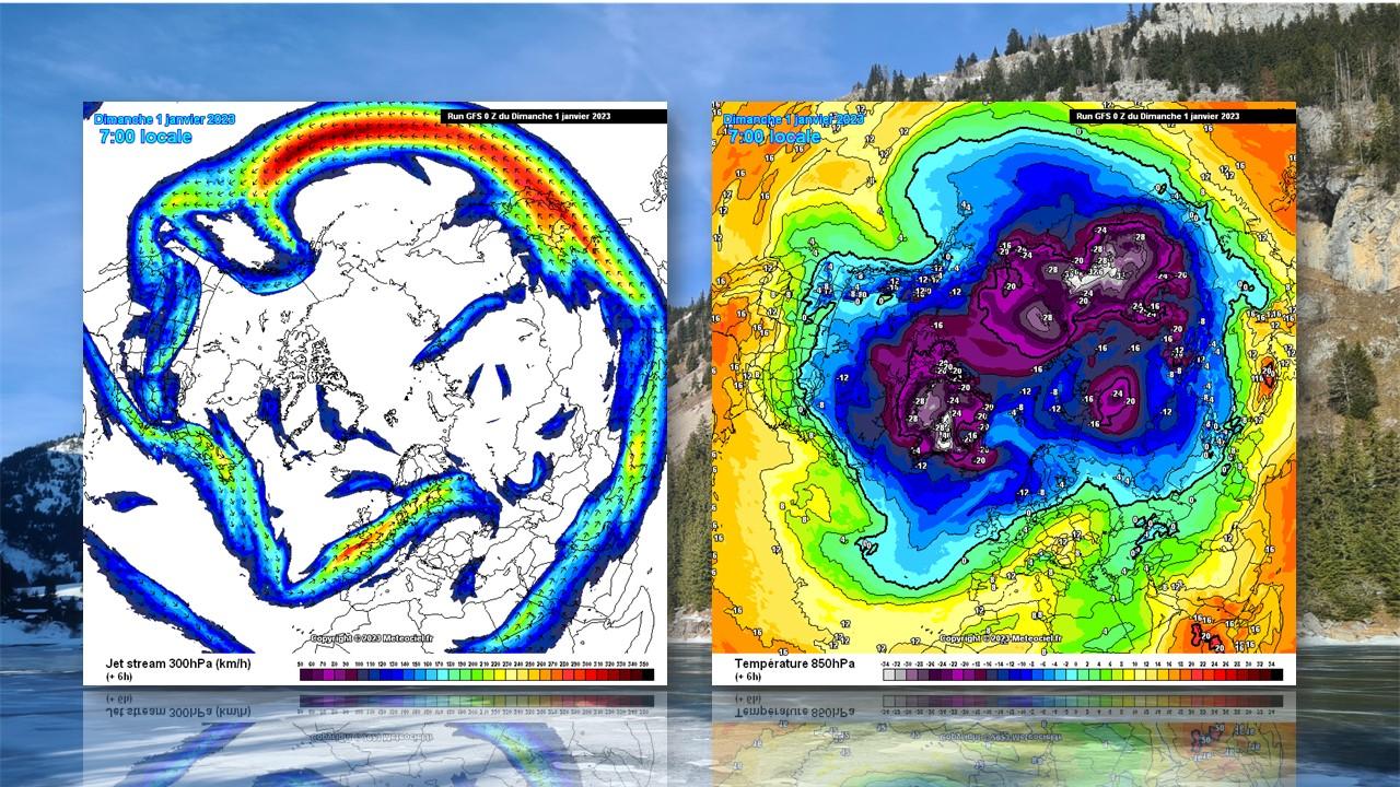 Position du jet-stream et températures à 850 hPa (1500m) le 1er janvier 2023 [NOAA/GFS - Béatrice Braendle-Coppex]