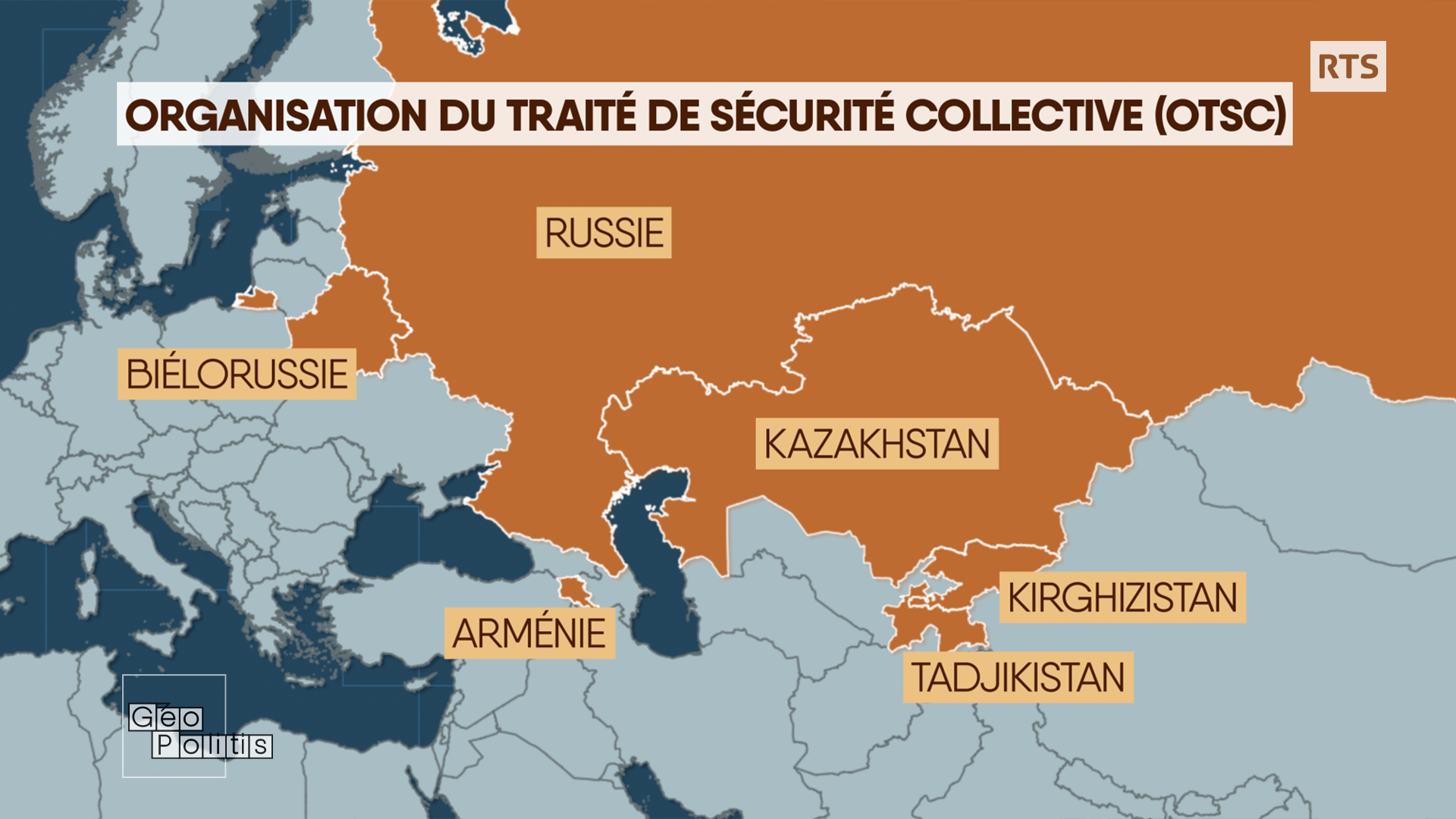 Pays membres de Organisation du traité de sécurité collective (OTSC). [RTS - Géopolitis]