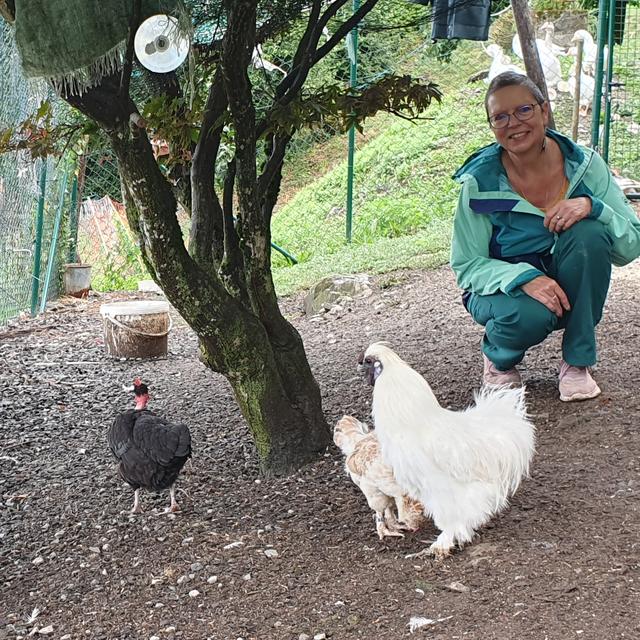 Corinne Cornamusaz et ses poules heureuses. [RTS - Xavier Bloch]