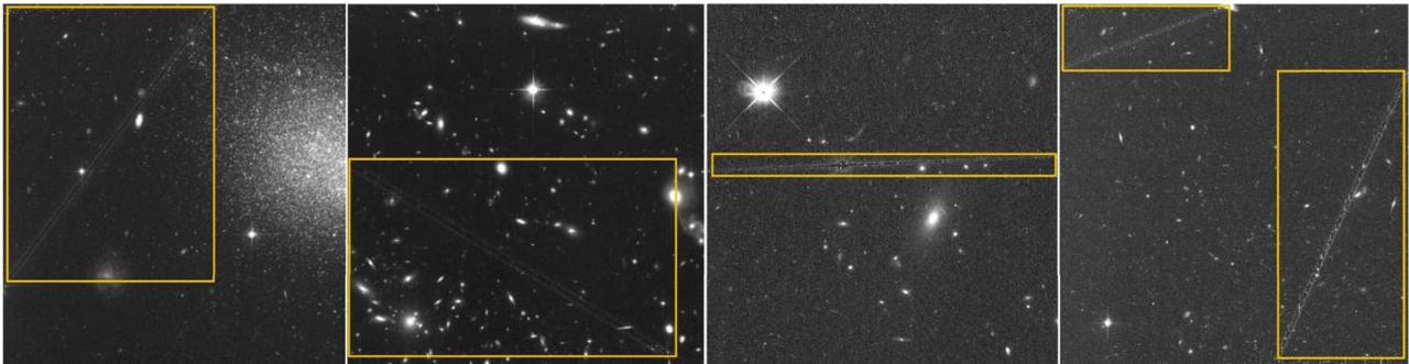 Des traînées de satellites imparfaitement supprimées dans les images composites d'Hubble. [NASA/ESA - Sandor Kruk & al./Nature Astronomy]