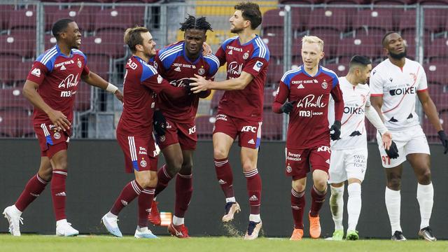 Chris Bedia, attaquant de l'équipe du FC Servette,marque le 2-0 lors du match contre le FC Sion, le 29 janvier 2023. [Keystone - Salvatore Di Nolfi]