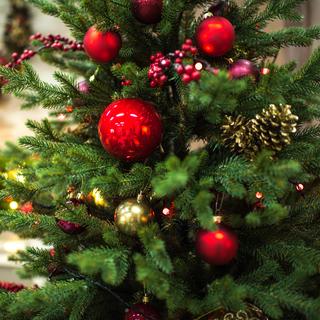 Gros plan sur un sapin de Noël décoré de boules de Noël et de pives rouges et dorées. [Depositphotos - SergKovbasyuk]