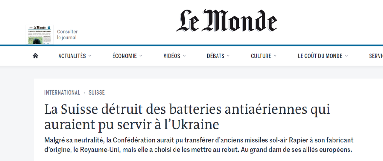 L'article du quotidien français Le Monde qui revient sur la destruction prochaine de l'ensemble des systèmes de défense aérienne Rapier en Suisse. [Le Monde - RTS]