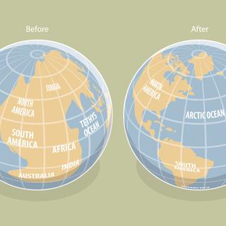 Illustration conceptuelle 3D du vecteur plat isométrique de la dérive continentale, de la planète Terre avant et après. [Depositphotos - ©Tarik_vision]