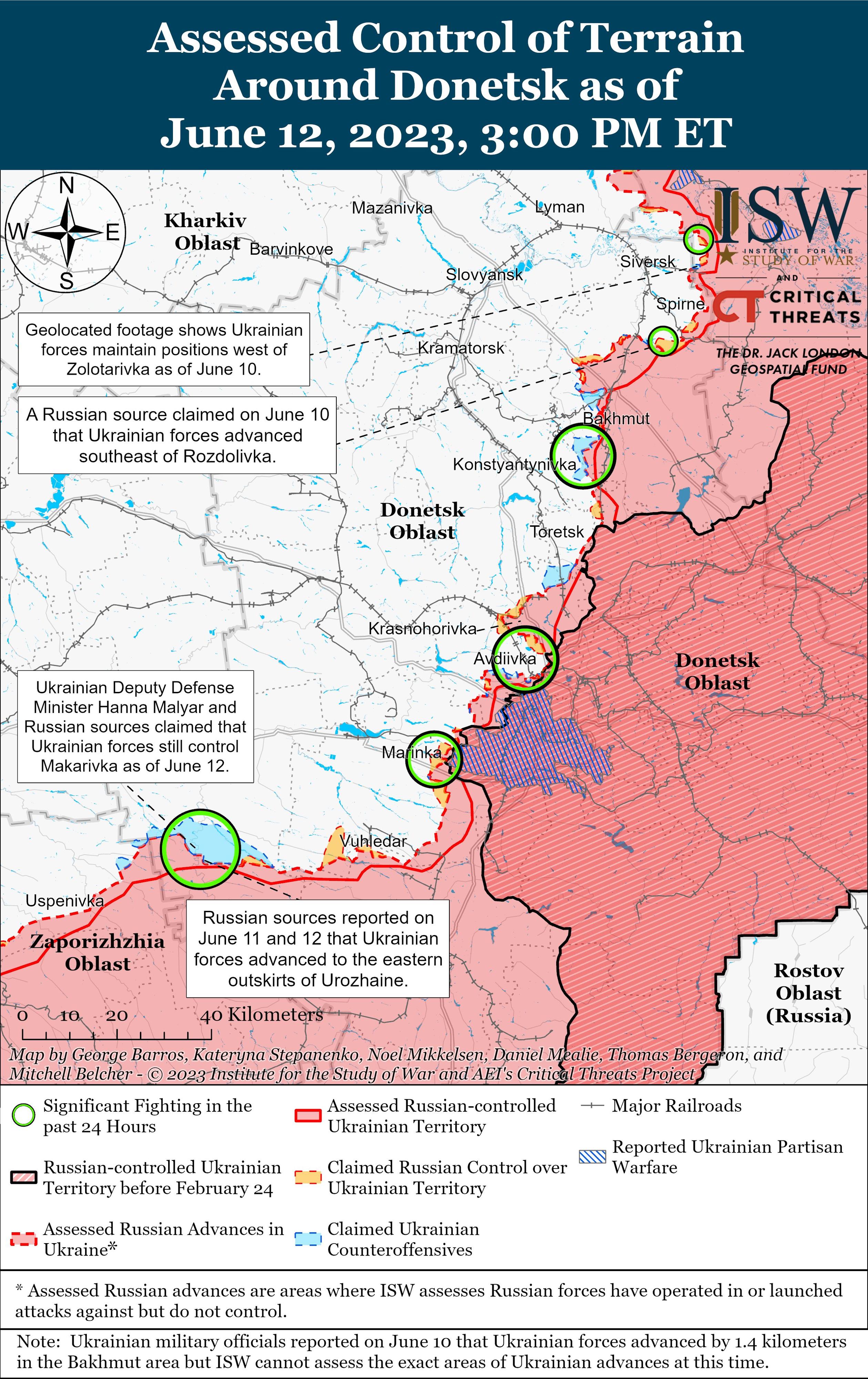 Les forces ukrainiennes ont réussi à reprendre du terrain, notamment dans le sud-ouest et le sud-est du pays (carte au 12 juin 2023). [Institute of the Study of War (ISW) - RTS]