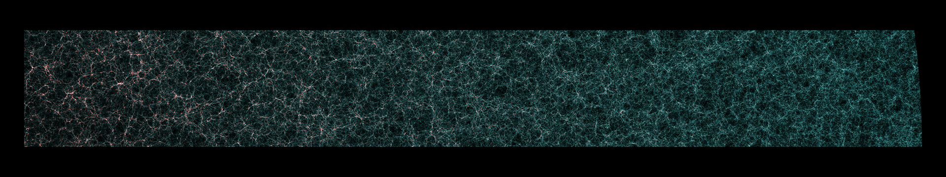 Les galaxies centrales, peuplant le centre des halos de matière noire, sont en bleu. Les galaxies satellites, dans les halos les plus massifs, dans les pics de densité les plus élevés de la matière noire sous-jacente, sont indiquées en rouge. Le temps s'écoule de droite à gauche sur cette image. [Euclid/ESA - J. Carretero (PIC), P. Tallada (PIC), S. Serrano (ICE) and the Euclid Consortium Cosmological Simulations SWG]