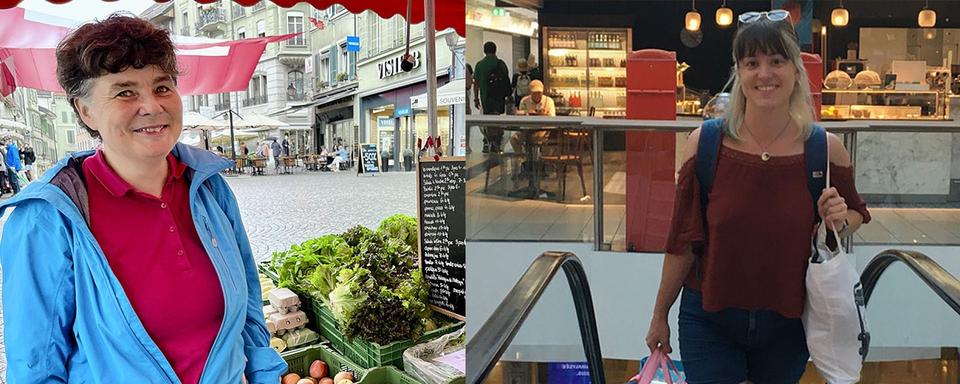 Sylvie Collomb (à gauche), au marché à Lausanne et Caroline Martin, au centre commercial Les Cygnes à Genève. [RTS - Mathieu Henderson/Céline Fontannaz]