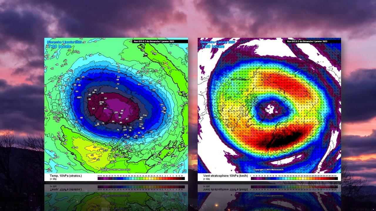 Températures et vents au niveau de la stratosphère (10 hPa) le 1er janvier 2023 [NOAA/GFS - Julie Rais]