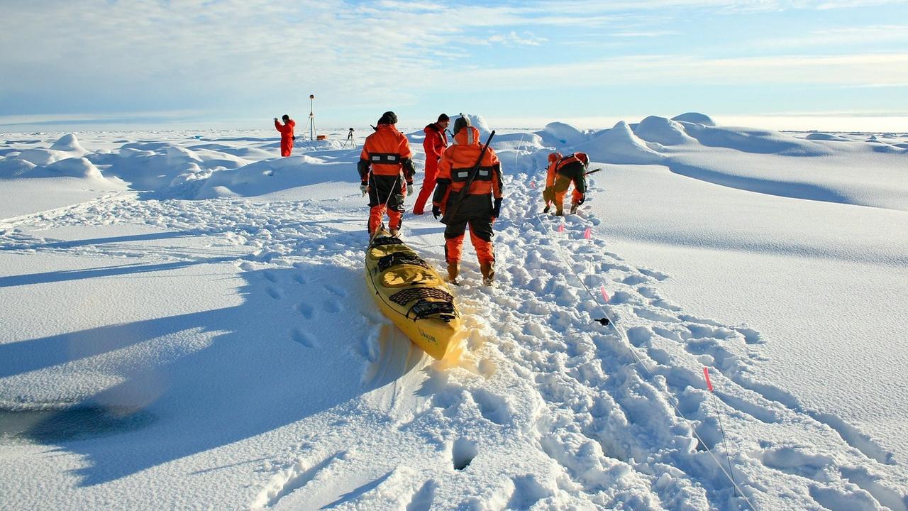 Une expédition mesure l'épaisseur de glace près du pôle Nord. [Keystone - EPA/Stefan Hendricks]
