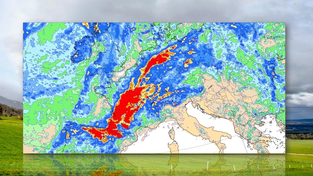 Cumuls de précipitations prévus par le modèle européen entre le 19 et le 23 juin 2023 [ECMWF/RTS - Olivier Roux]