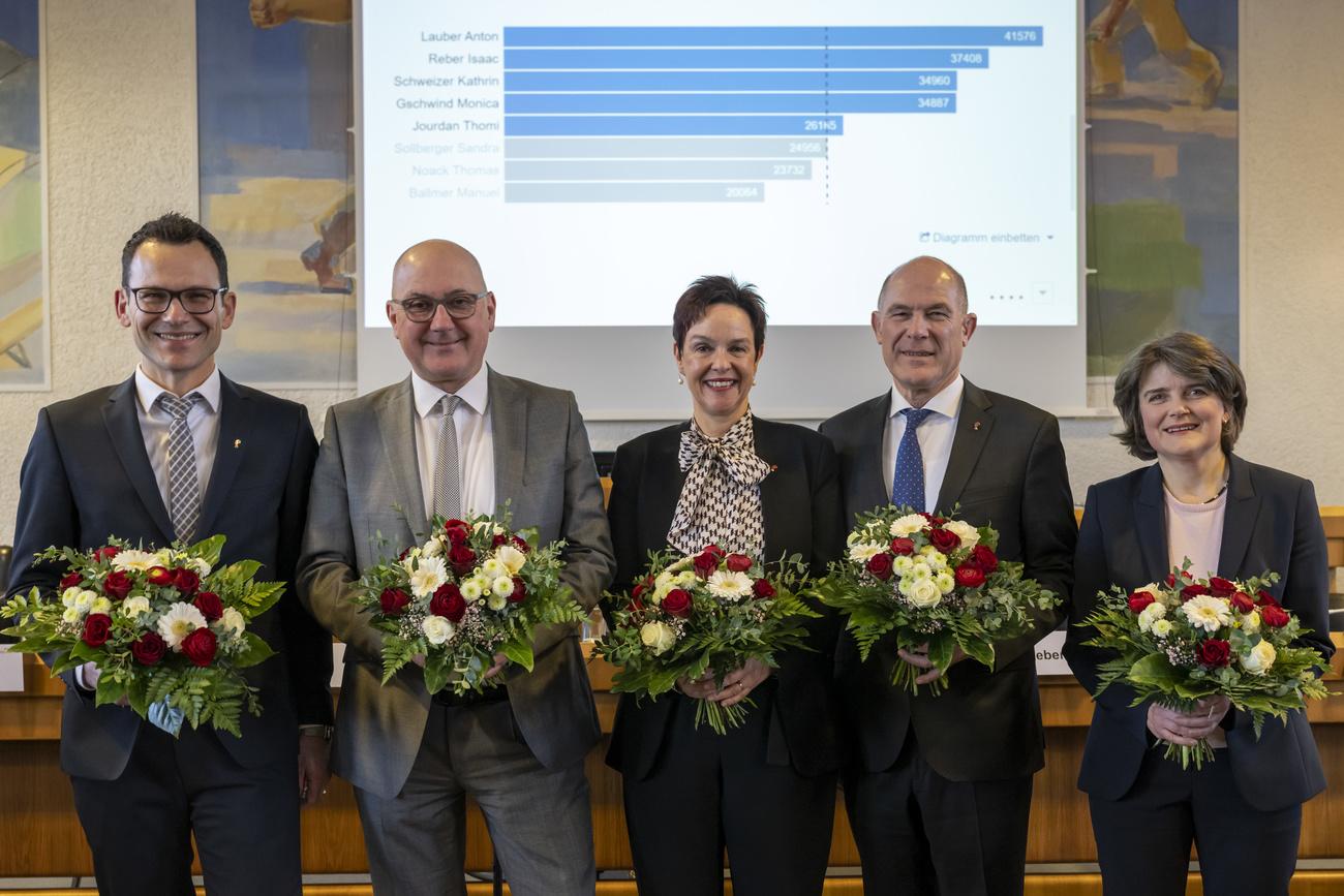 Le gouvernement de Bâle-Campagne après l'élection du 12 février (de gauche à droite): Thomi Jourdan (PEV), Isaac Reber (Verts), Monica Gschwind (PLR), Anton Lauber (Le Centre) et Kathrin Schweizer (PS). [KEYSTONE - Georgios Kefalas]