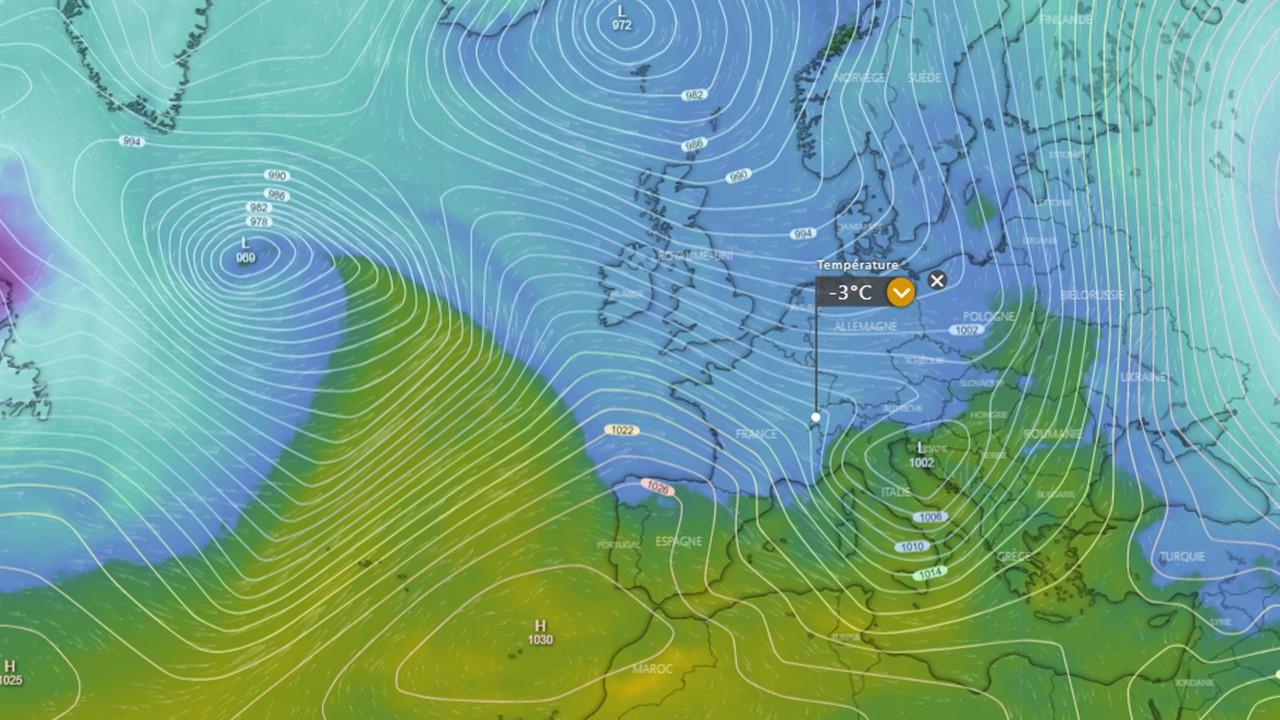 Températures à 850 hPa (1500m) prévues par le modèle ECMWF, le 9 janvier 2023 à 15h locales. [ECMWF/windy.com]