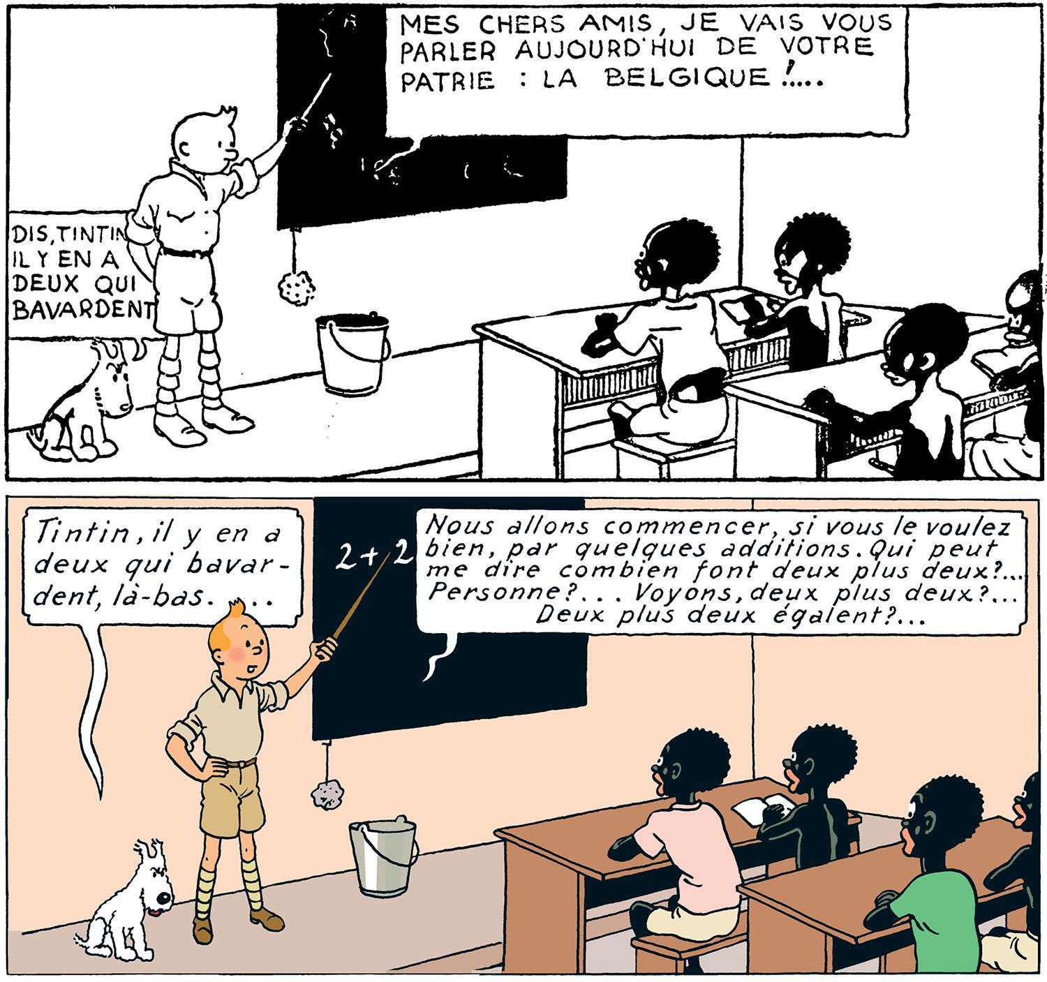 Dans la version couleur de "Tintin au Congo" de 1946, Tintin donne un cours de mathématiques à des écoliers congolais, alors qu'à l'origine (et donc dans l'édition de 2023) sa leçon porte sur "votre patrie: la Belgique!..." [EDITIONS MOULINSART ET CASTERMAN]