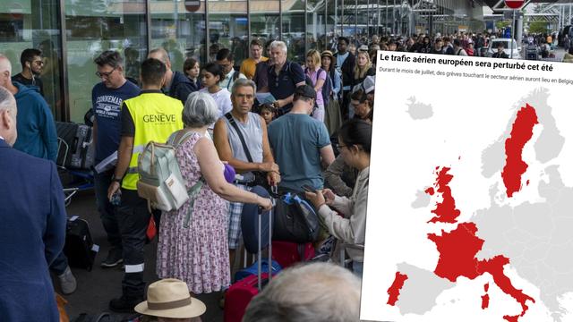 Des passagers arrivent avec leurs bagages pendant que les employés de Genève Aéroport (AIG) sont en grève, le 30 juin 2023. [Keystone]