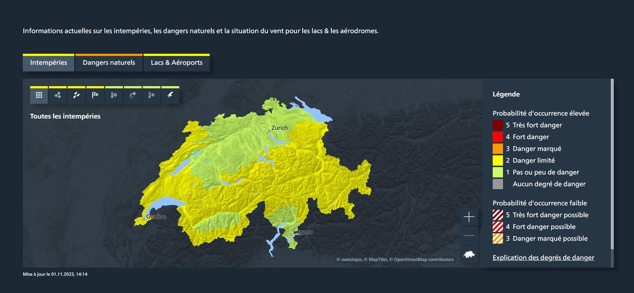 Avis d'intempéries lancé par Météosuisse le 1er novembre 2023 [Météosuisse]