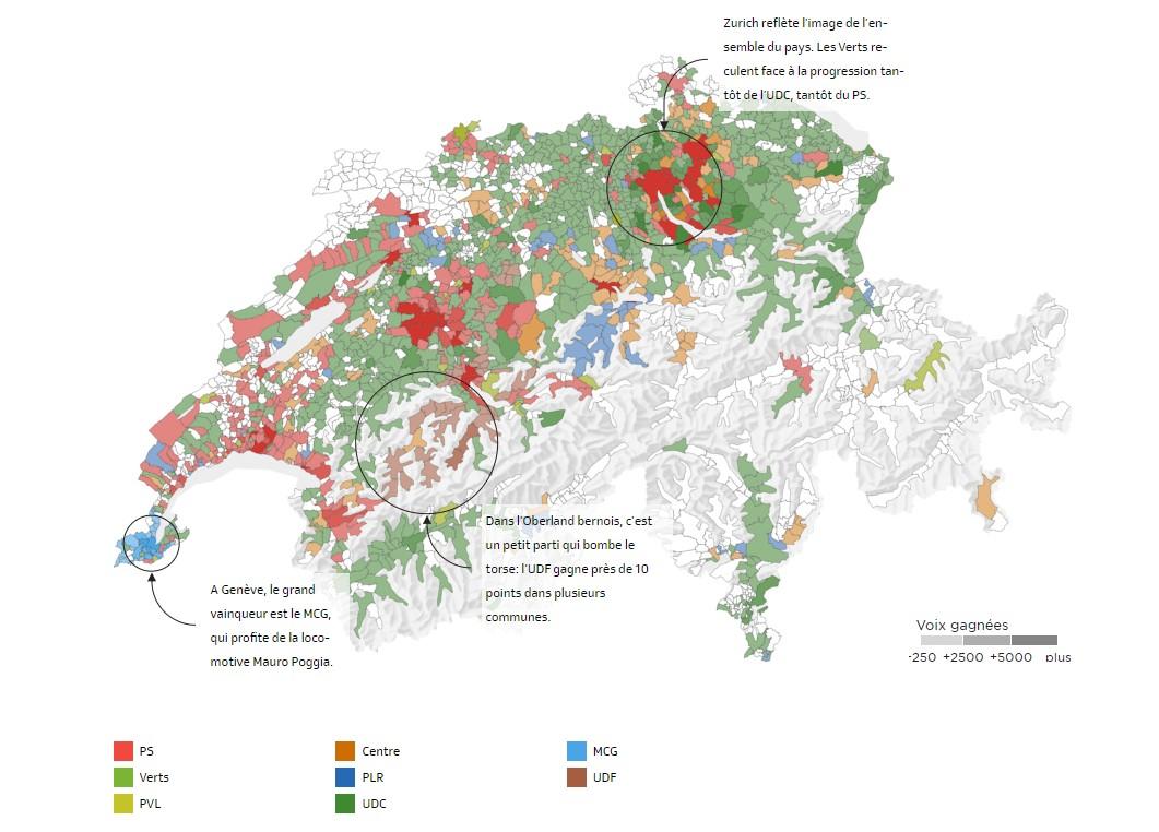 La carte des résultats des élections fédérales. [RTS - Equipe Data]