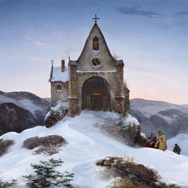 "Chapel on a mountain in winter" de E. Oehme, 1842. [Domaine public - Van Ham Kunstauktionen]