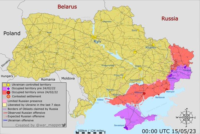 La situation sur le terrain militaire au 15 mai 2023, avec en violet, les territoires détenus par la Russie avant le 24 février 2022 et en rouge, les territoires occupées depuis le début de l'invasion. [War Mapper/Twitter - RTS]