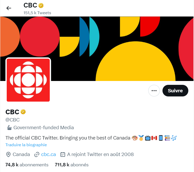 Le compte Twitter de la CBC est catégorisé comme "média financé par le gouvernement" par la plateforme. [RTS - Capture d'écran]