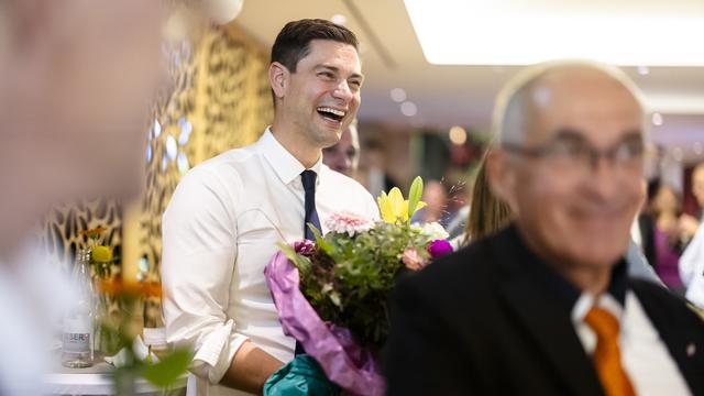 Le conseiller national UDC Benjamin Giezendanner (AG), lors des élections fédérales du 22 octobre, au stamm de son parti à Aarau. [Keystone - Michael Buholzer]