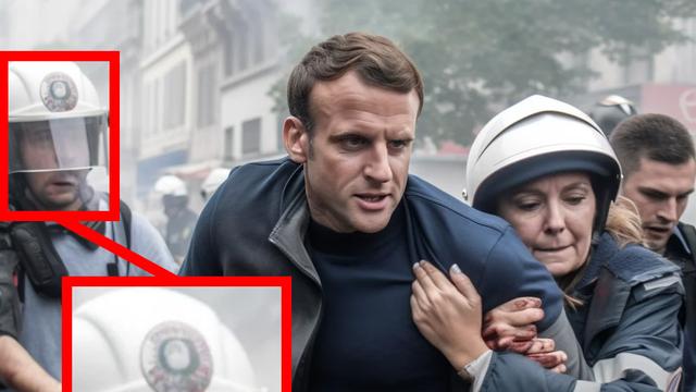 Sur cette photo d'Emmanuel Macron réalisée par l'IA de Midjourney, on s'aperçoit que le visage en arrière-plan est difforme.