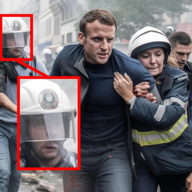 Sur cette photo d'Emmanuel Macron réalisée par l'IA de Midjourney, on s'aperçoit que le visage en arrière-plan est difforme.