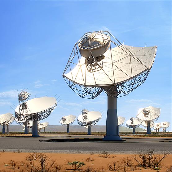 Une projection artistique des antennes paraboliques du radiotélescope du Square Kilometer Array Observatory en Afrique du Sud. [SKAO]