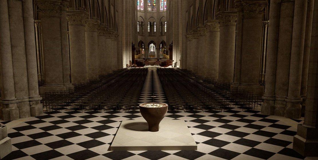 Mise en situation du projet de mobilier liturgique de Guillaume Bardet et de chaises de Ionna Vautrin dans la cathédrale Notre-Dame de Paris. [DR]