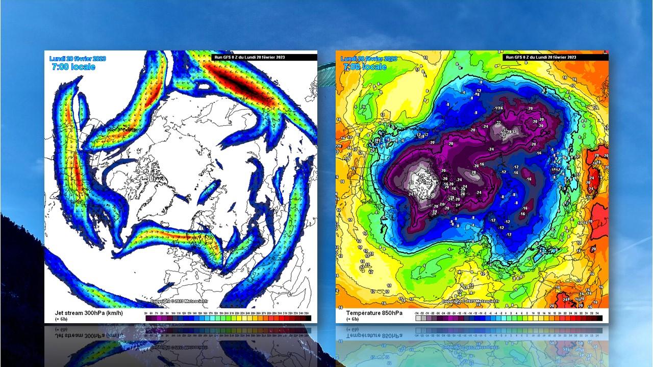 Position du jet-stream et températures à 850 hPa (1500m) le 20 février 2023 [NOAA/GFS - Cristina Fedele]