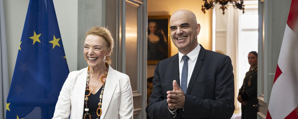 Jeudi 7 septembre: La secrétaire générale du Conseil de l'Europe, Marija Pejčinović Burić, en visite auprès du président de la Confédération Alain Berset . [Keystone - Anthony Anex]