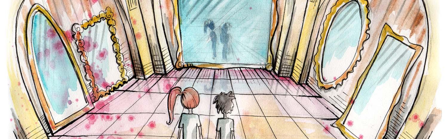 Deux enfants debout dans une galerie de glaces. [Depositphotos - sSplajn]