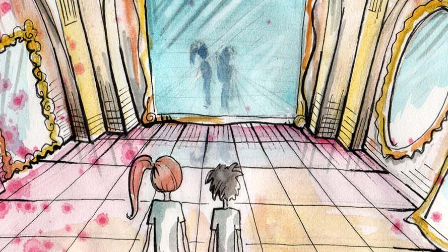 Deux enfants debout dans une galerie de glaces. [Depositphotos - sSplajn]