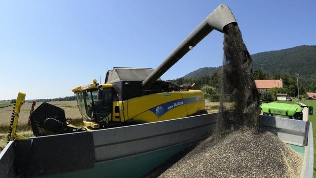 Un agriculteur moissonne un champ de colza, le lundi 5 août 2013 à Baulmes (VD). [KEYSTONE - Laurent Gillieron]