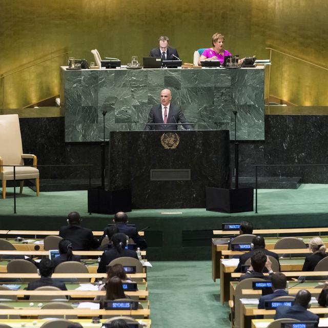 Alain Berset devant l'Assemblée générale des Nations unies. [Keystone - Peter Klaunzer]
