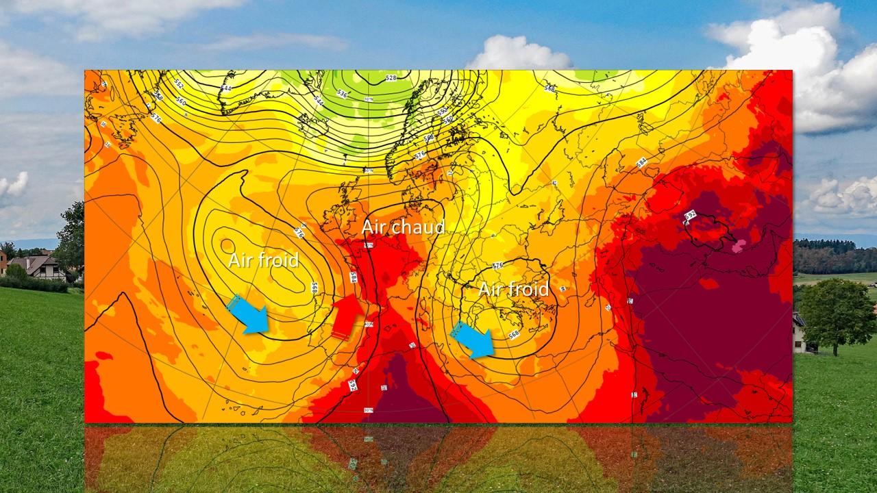 Répartition des masses d'air et allure générale des courants vers 5600 m (500 hPa) le 4 septembre 2023 à 21h UTC [ECMWF/RTS - Marc Brodard]