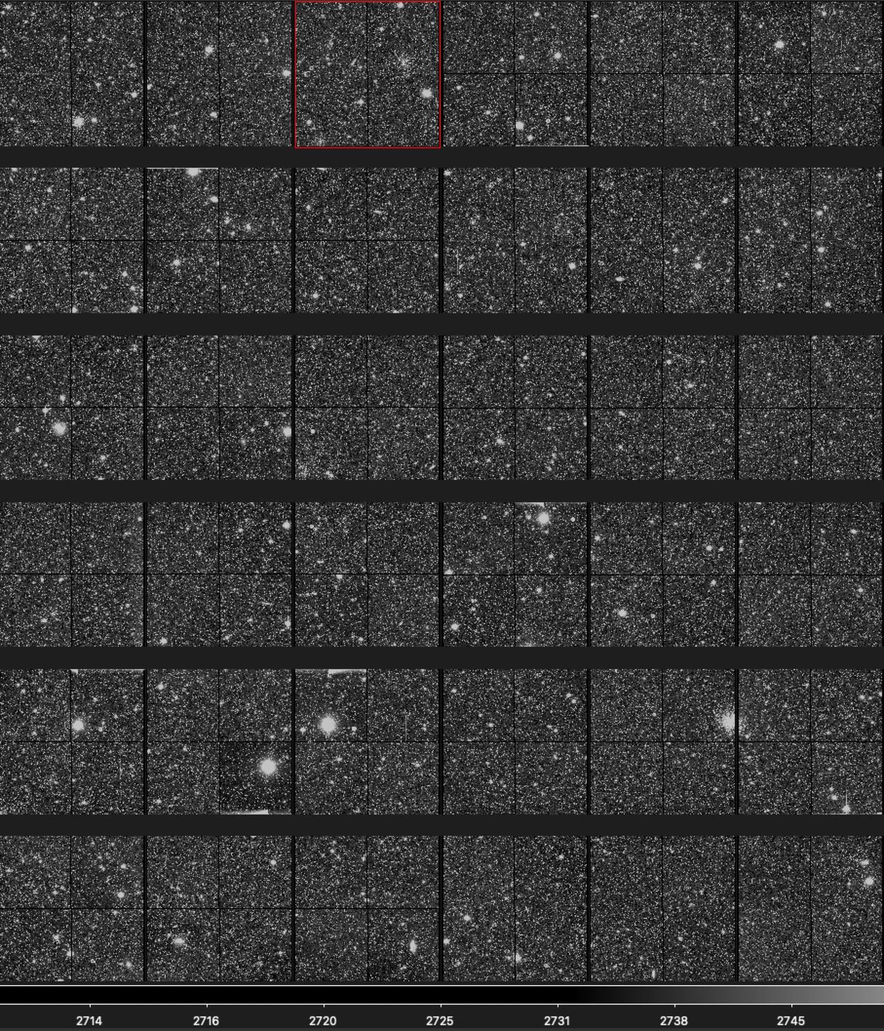 Champ de vision complet de l'instrument VIS d'Euclid. Image de test de mise en service anticipée dévoilée le 31 juillet 2023. [ESA]