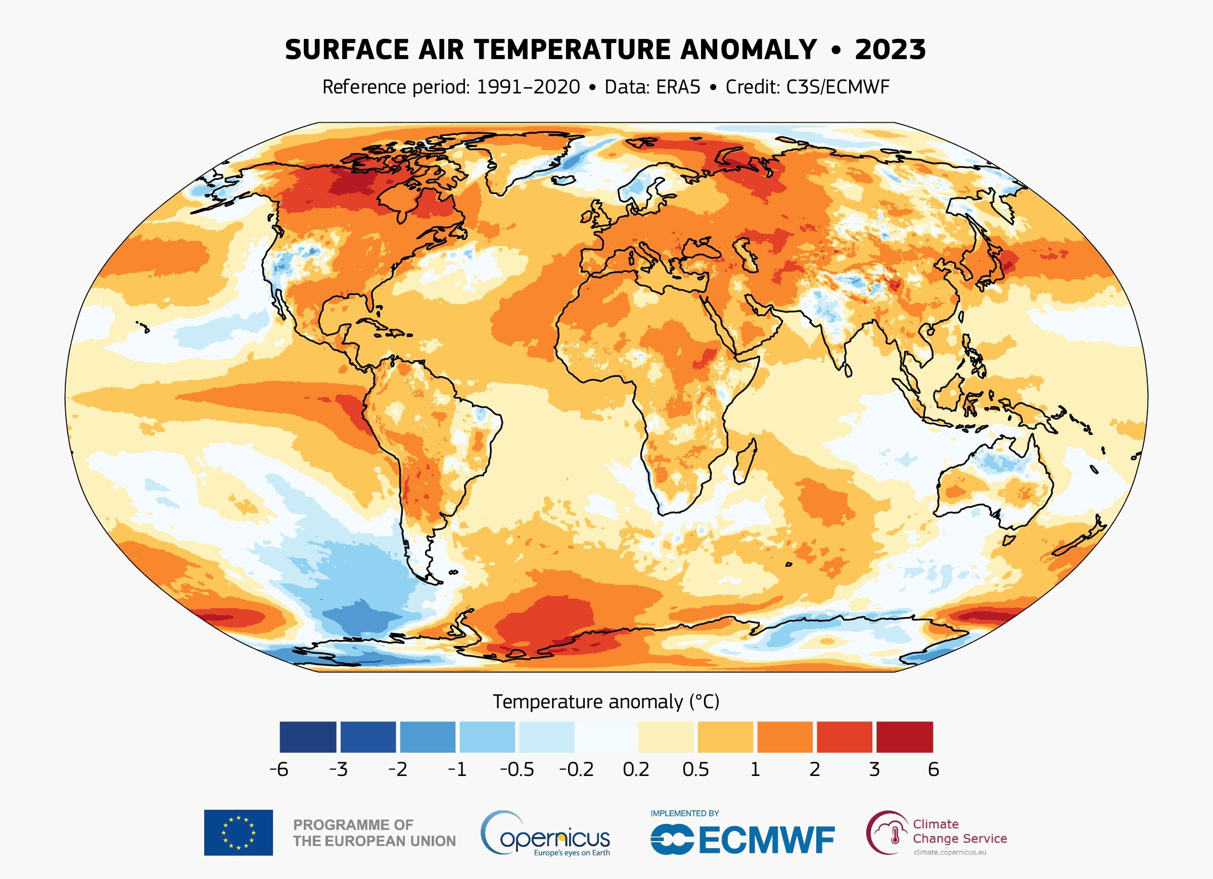 Anomalie de la température de l'air en surface en 2023 par rapport à la moyenne de la période de référence 1991-2020. [Observatoire européen Copernicus]