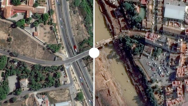 Une vue satellite de la rue Gomez Ferrer avant et après les inondations à Valence, Espagne, le 18 octobre 2024. [Maxar Technologies/Handout via REUTERS]