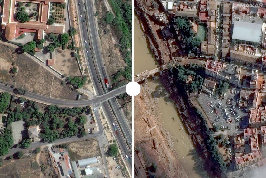 Une vue satellite de la rue Gomez Ferrer avant et après les inondations à Valence, Espagne, le 18 octobre 2024. [Maxar Technologies/Handout via REUTERS]