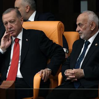 Le président turc Recept Tayyip Erdogan (au centre), l'ancien président de la Grande Assemblée nationale turque Mustafa Sentop (à gauche) et le nouveau député du parti Yeniden Refah Suat Pamukcu (à droite), à Ankara, le 2 juin 2023. [AFP - Adem Altan]
