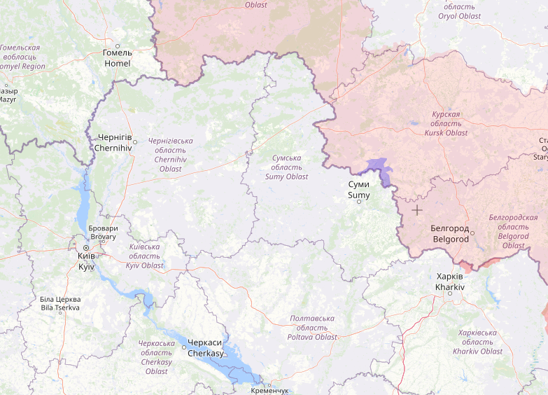 En violet, les avancées faites par l'armée ukrainienne dans la région russe de Koursk, du 6 au 8 août 2024. [liveuamap - RTSinfo]