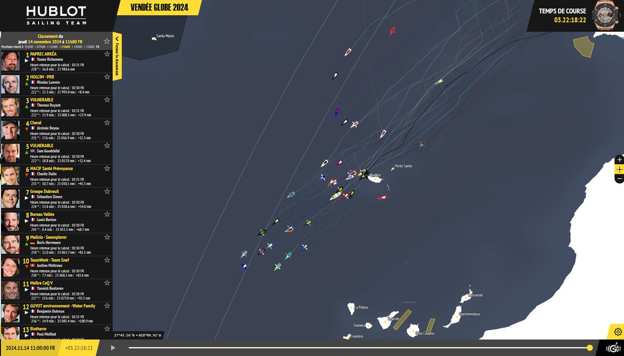 Classement et cartographie du Vendée Globe 2024 - le 14.11.2024 à 11h15