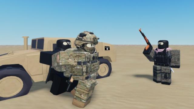 Une capture d'écran du jeu Roblox représentant une reconstitution d'exécution d'un soldat américain par un membre du groupe Etat islamique.